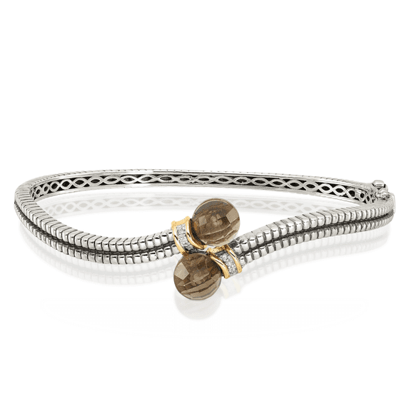 925 Sterling Silver Vintage Brown Smoky Quartz Diamond Hinged Bangle Bracelet