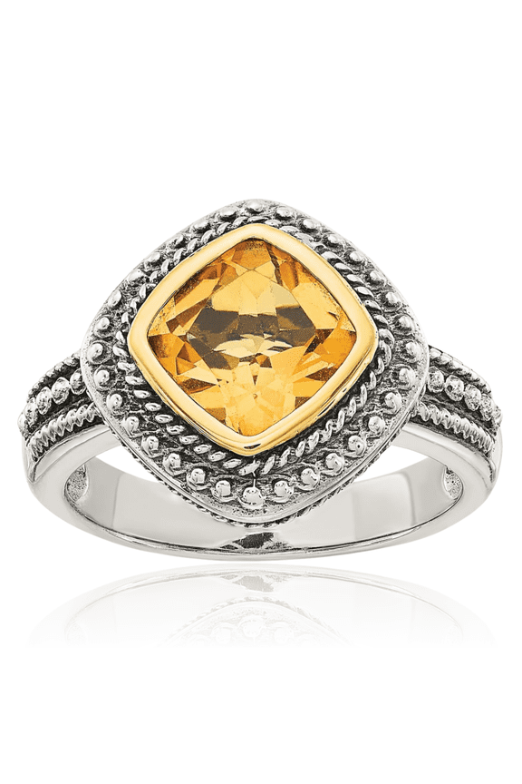 925 Sterling Silver Vintage Cushion-Cut Yellow Orange Citrine Ring Gemstone Band