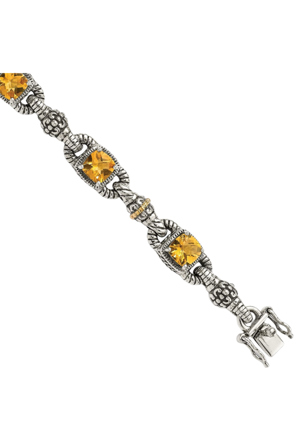 925 Sterling Silver Vintage 5.14 carat Yellow Citrine Link Chain Tennis Bracelet - 7.25 inch - Cushion Cut, Natural, Prong Set Women's
