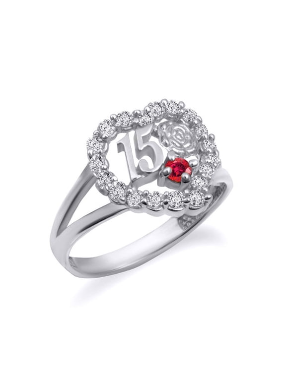 .925 Sterling Silver 15 Aos July Ruby Cubic Zirconia Heart Rose Flower Quinceaera Ring (Size 7)