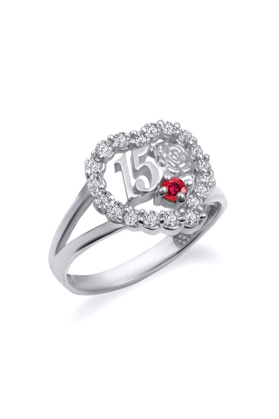 .925 Sterling Silver 15 Aos July Ruby Cubic Zirconia Heart Rose Flower Quinceaera Ring (Size 7)
