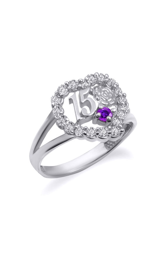 .925 Sterling Silver 15 Aos June Alexandrite Cubic Zirconia Heart Rose Flower Quinceaera Ring (Size 5)