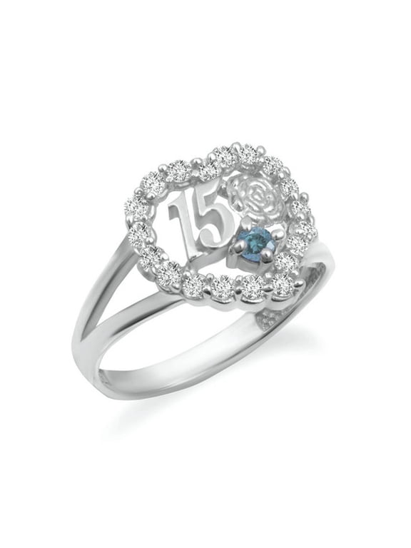 .925 Sterling Silver 15 Aos March Aquamarine Cubic Zirconia Heart Rose Flower Quinceaera Ring (Size 7)