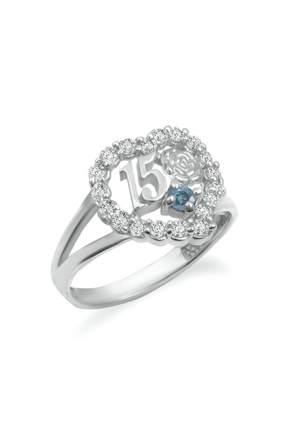 .925 Sterling Silver 15 Aos March Aquamarine Cubic Zirconia Heart Rose Flower Quinceaera Ring (Size 8)