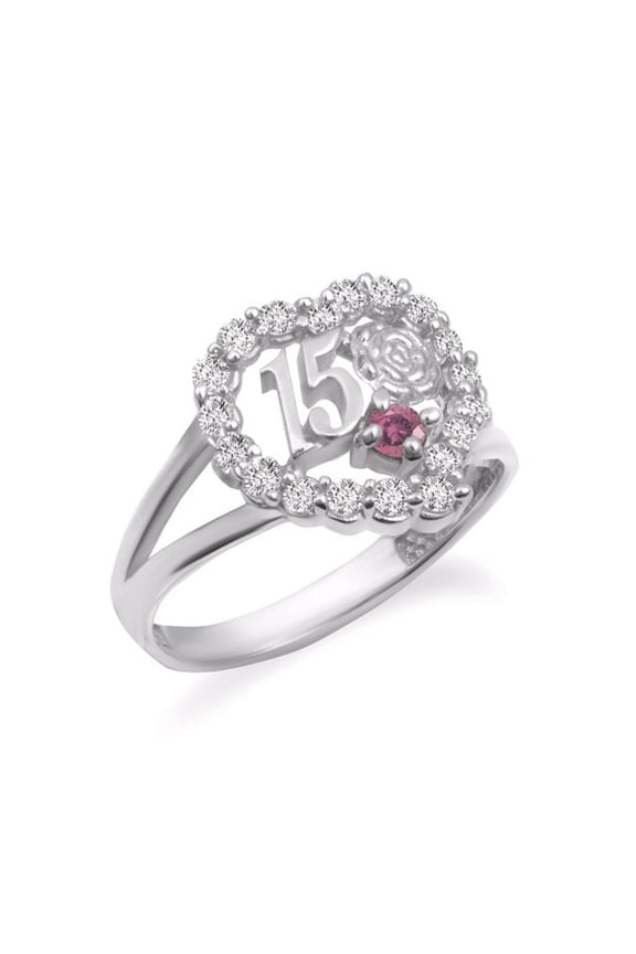 .925 Sterling Silver 15 Aos October Pink Cubic Zirconia Heart Rose Flower Quinceaera Ring (Size 7)