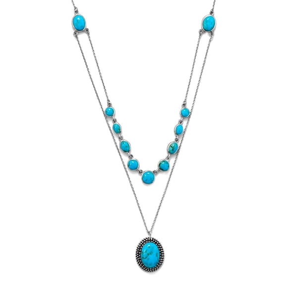 925 Sterling Silver 18/20 Inch + 2 Inch 2 Row Turquoise Necklace 5mm 6mm in Diameter Oval Stones Measure Pendant Necklac