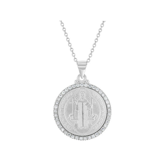 925 Sterling Silver 18" Clear Cubic Zirconia Saint Benedict Medallion Necklace