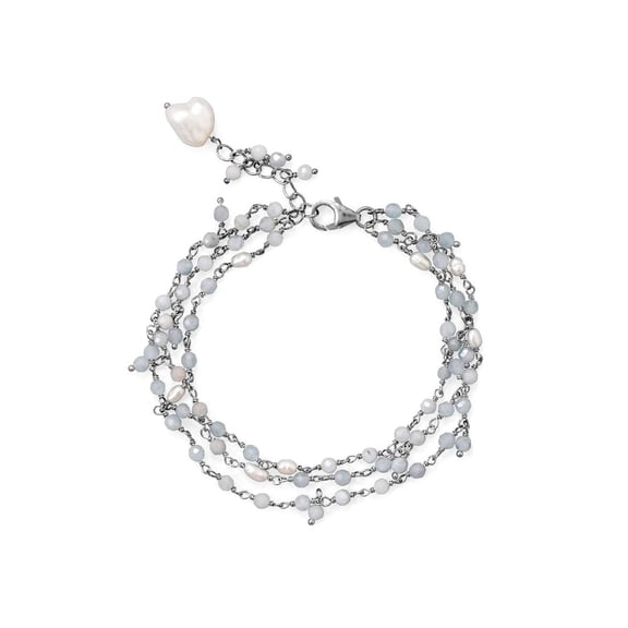 925 Sterling Silver 18 Inch + 2 Inch Three Strand Aquamarine and Cultured Freshwater Pearl Necklace 18 Strand for Women