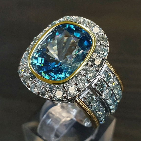 925 Sterling Silver & 18K Gold Plated Multi-Row Diamond Ring with Blue Sapphire & Cubic Zirconia Stones - Cocktail Ring for Women