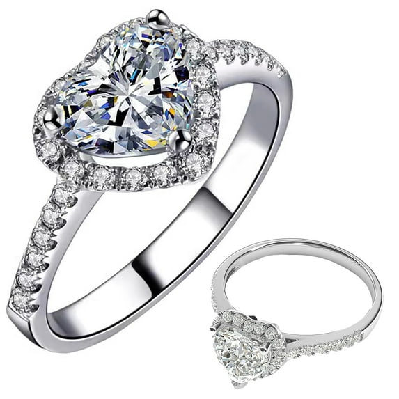 925 Sterling Silver 18k Gold Plating Simulated Heart-shaped Genuine Moissanite Diamond Double Halo Engagement Ring with Side Stones Promise Bridal Ring