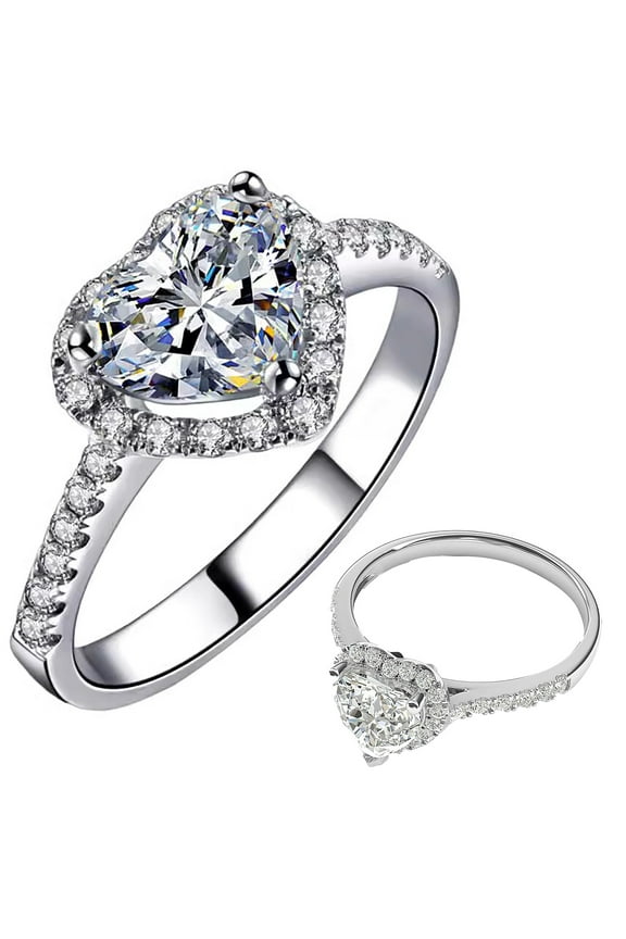 925 Sterling Silver 18k Gold Plating Simulated Heart-shaped Genuine Moissanite Diamond Double Halo Engagement Ring with Side Stones Promise Bridal Ring