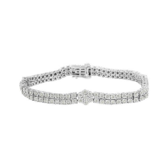 .925 Sterling Silver 2 cttw Diamond Double Row and Floral Cluster Tennis Bracelet (I-J,I3)