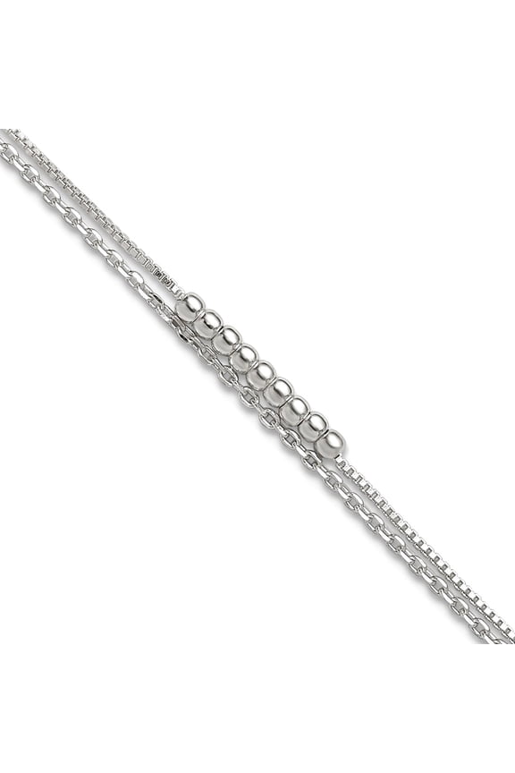 925 Sterling Silver 2-strand Beaded With 1inch Ext. Anklet 9 Inch Anklet for Women - 2.6 Grams