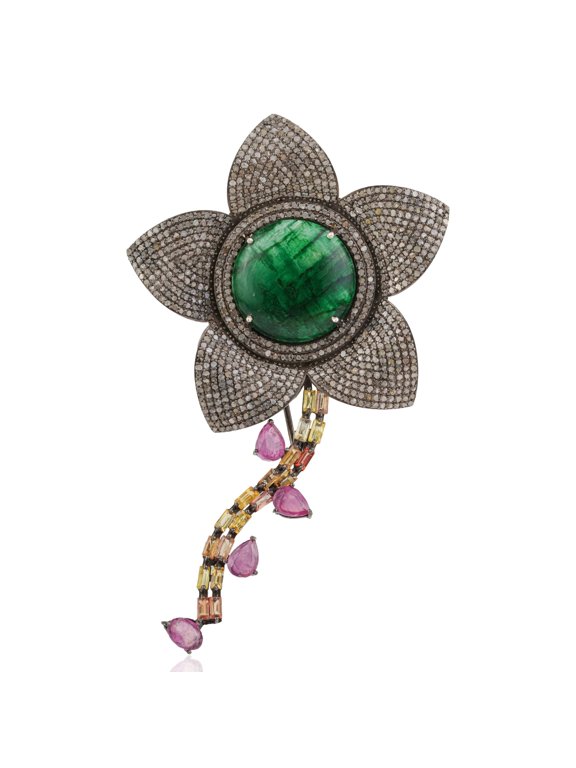 925 Sterling Silver 24.3 Ct Emerald Ruby Sapphire and Diamond Flower Brooch Pendant for Women