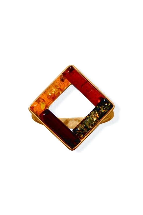 925 Sterling Silver 24 Karat Gold Plated Square Multi Color Baltic Amber Ring 24 Size 10 Ring for Women