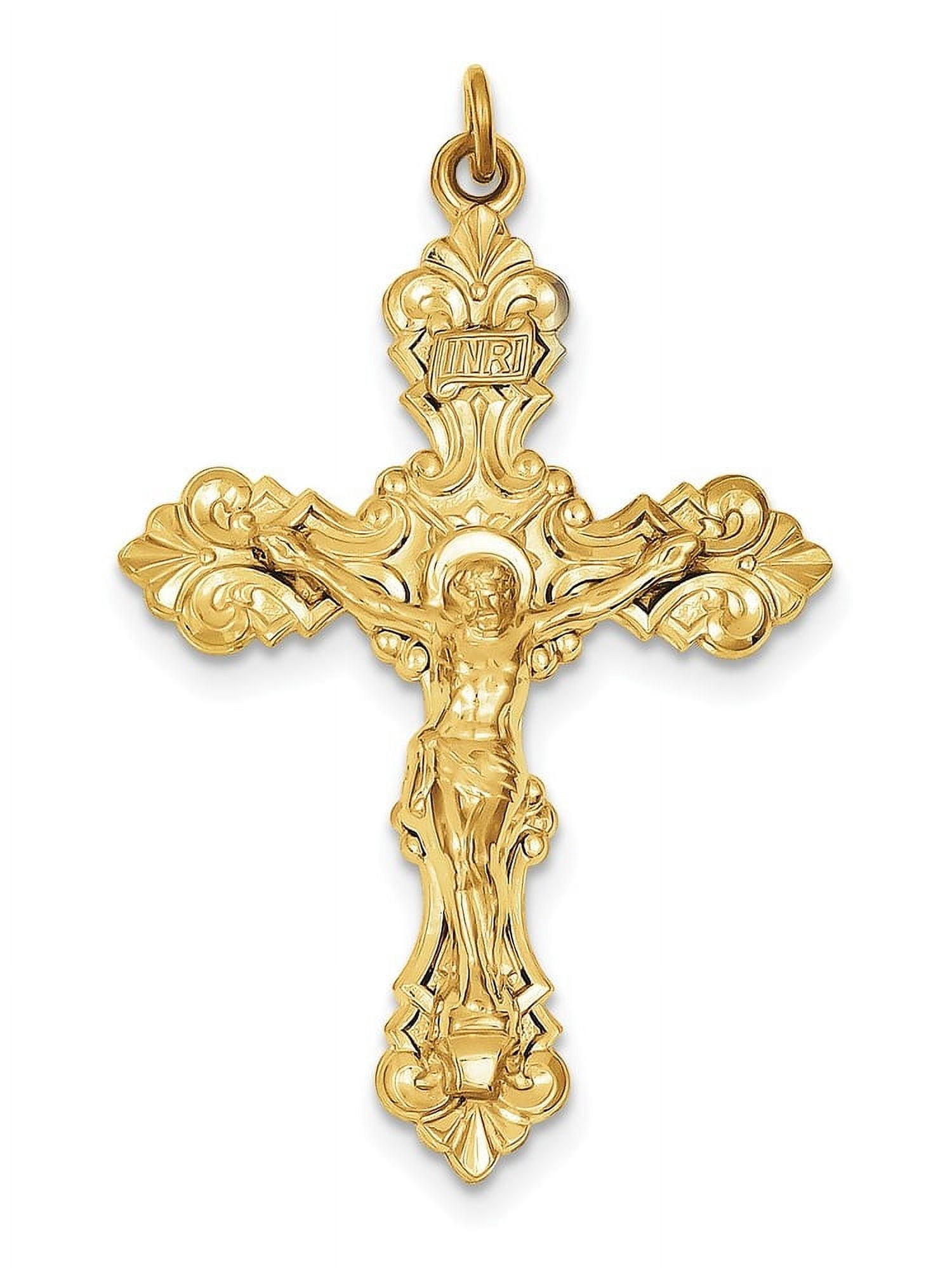 10K Solid Yellow Gold Passion Holy Cross Necklace - Religious Chain Pendant With Jesus Christ Charm