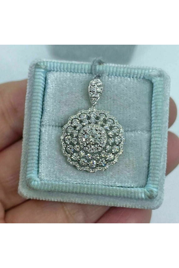 925 Sterling Silver 2Ct Round Cut Lab Created Diamond Cluster Flower Pendant 14K White Gold Plated