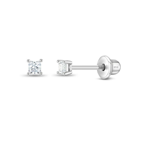 925 Sterling Silver 2mm CZ Princess Square Cut Screw Back Earrings for Baby Girl