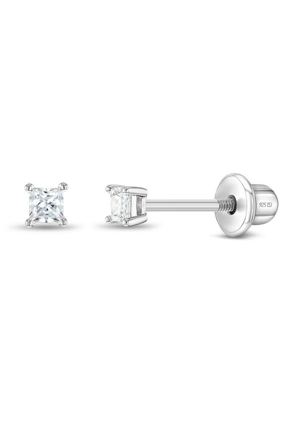 925 Sterling Silver 2mm CZ Princess Square Cut Screw Back Earrings for Baby Girl