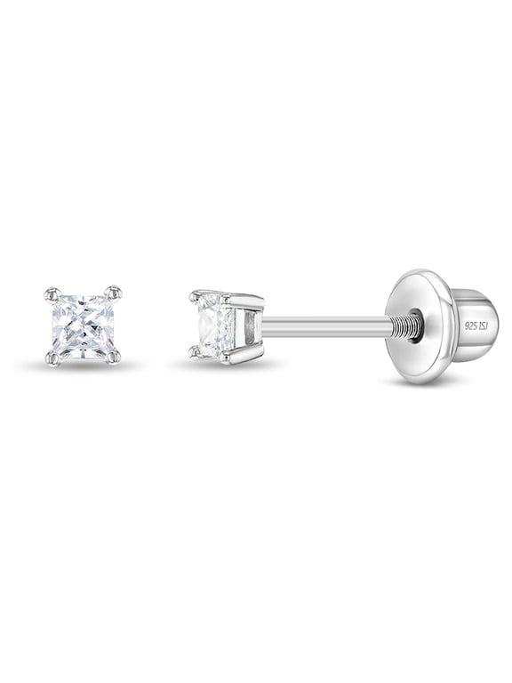 925 Sterling Silver 2mm CZ Princess Square Cut Screw Back Earrings for Baby Girl
