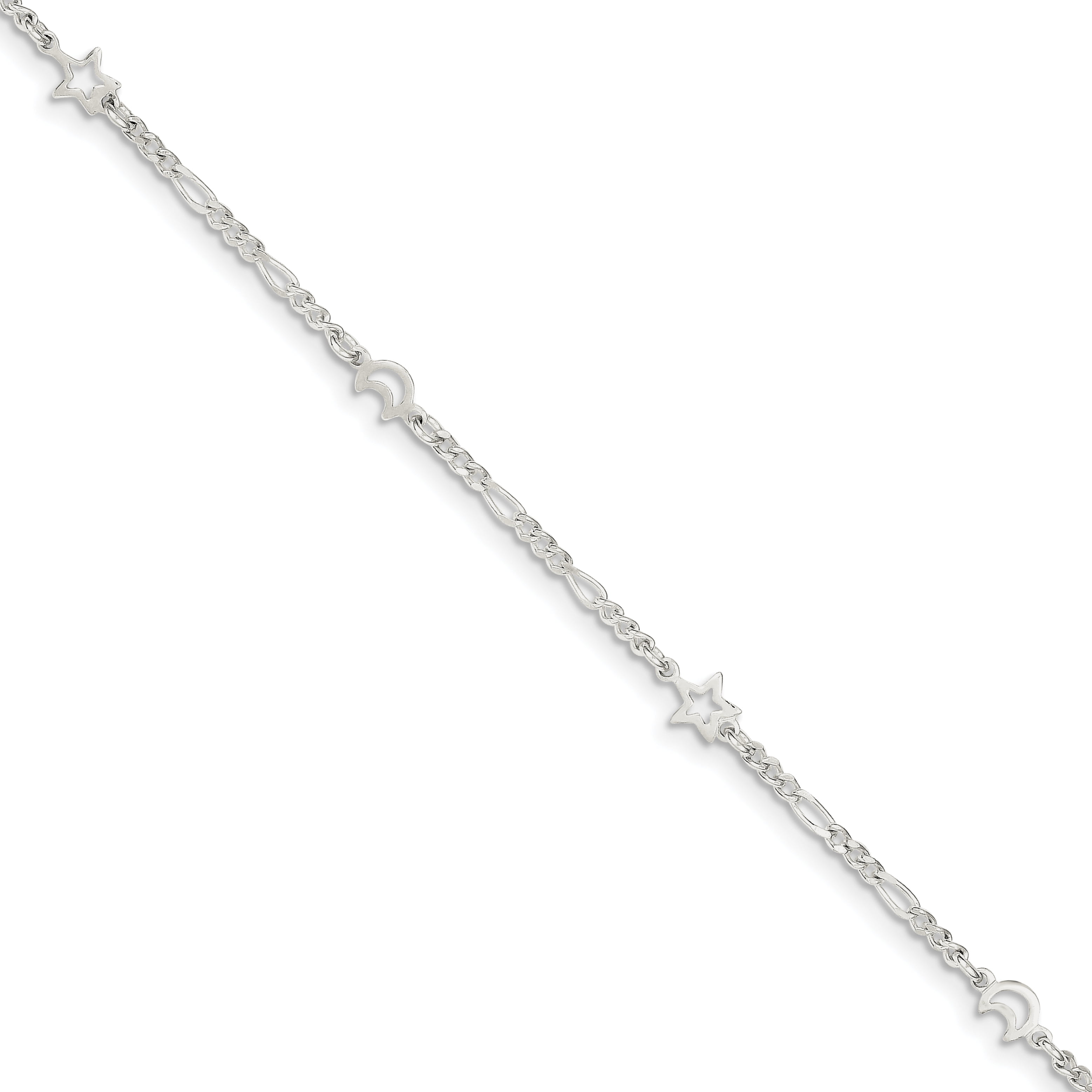 925 Sterling Silver 2mm Polished Moon and Star Chain Anklet with 1in Extender Length