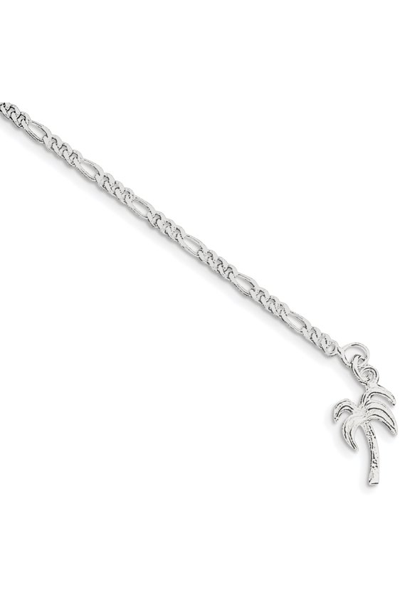 925 Sterling Silver 2mm Solid Polished Palm Tree Chain Anklet