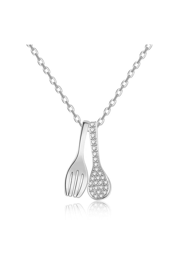 925 Sterling Silver 3 Color Shiny CZ Spoon Fork Pendant Necklace for Women Tableware Creativity Decoration Gift