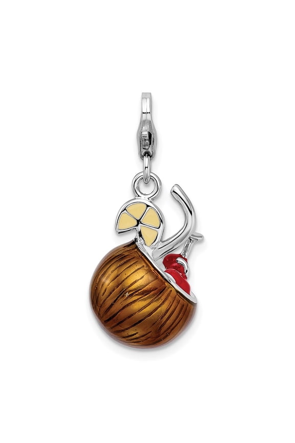 925 Sterling Silver 3-D Enameled Pina Colada with Lobster Clasp Charm Pendant Fine Jewelry For Women Gifts For Her