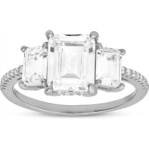 925 Sterling Silver 3-Stone Emerald-cut Diamond Cubic Zirconia Ring | Engagement Ring, Wedding Rings for Women