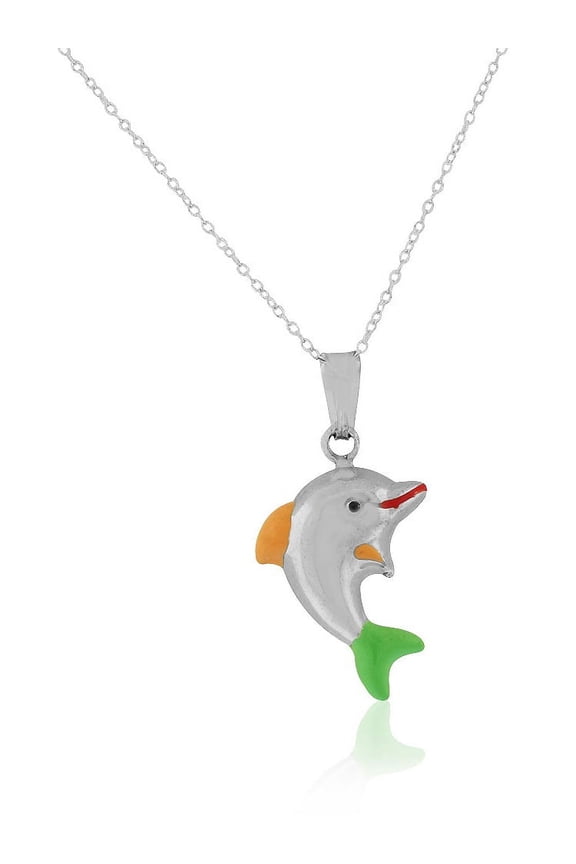 925 Sterling Silver 3D Enamel Dolphin Charm Pendant Necklace, 18"