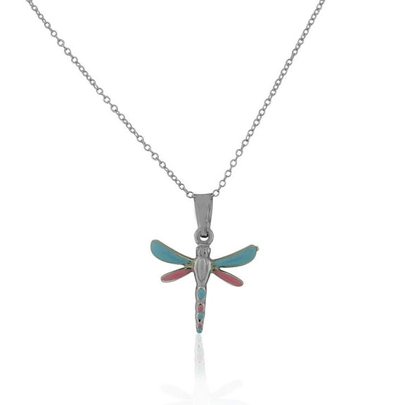 925 Sterling Silver 3D Enamel Dragonfly Charm Pendant Necklace, 18"