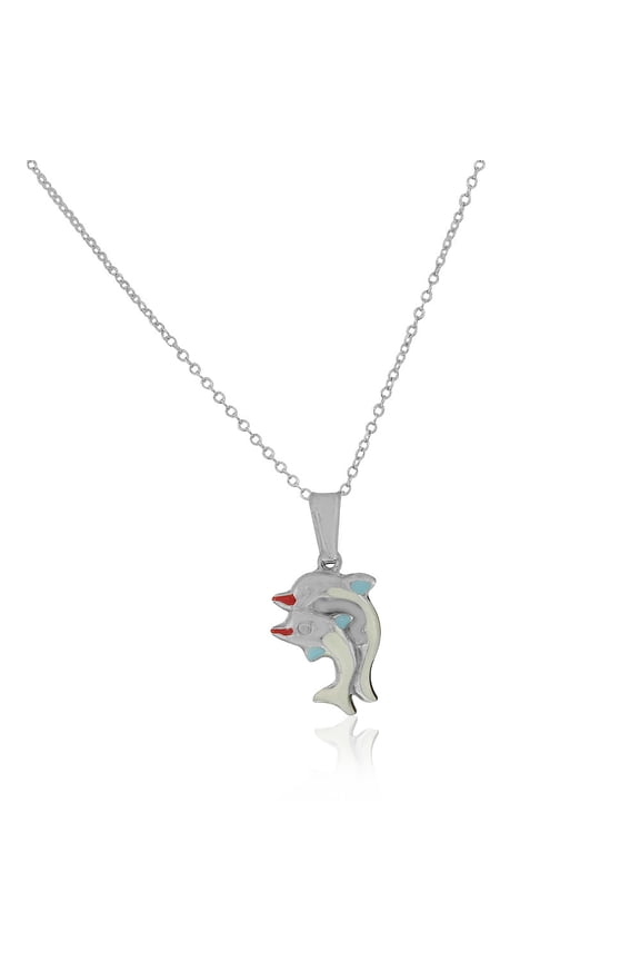 925 Sterling Silver 3D Enamel Two Dolphins Couple Charm Pendant Necklace, 18"