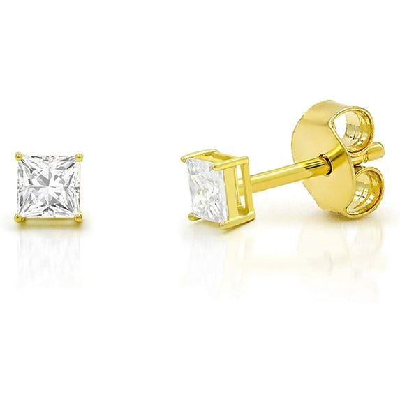925 Sterling Silver 3mm - 10mm Princess Cut Square Yellow Gold Plated Unisex Classic Clear Cubic Zirconia CZ Stud Earrings, Giorgio Bergamo 3mm