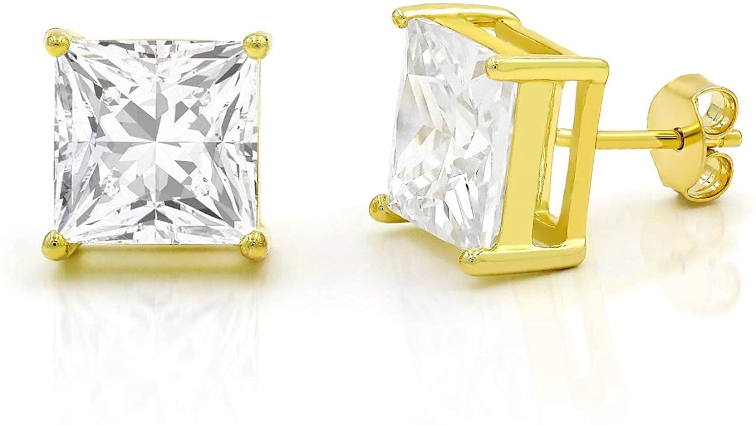 925 Sterling Silver 3mm - 10mm Princess Cut Square Yellow Gold Plated Unisex Classic Clear Cubic Zirconia CZ Stud Earrings, Giorgio Bergamo 9mm