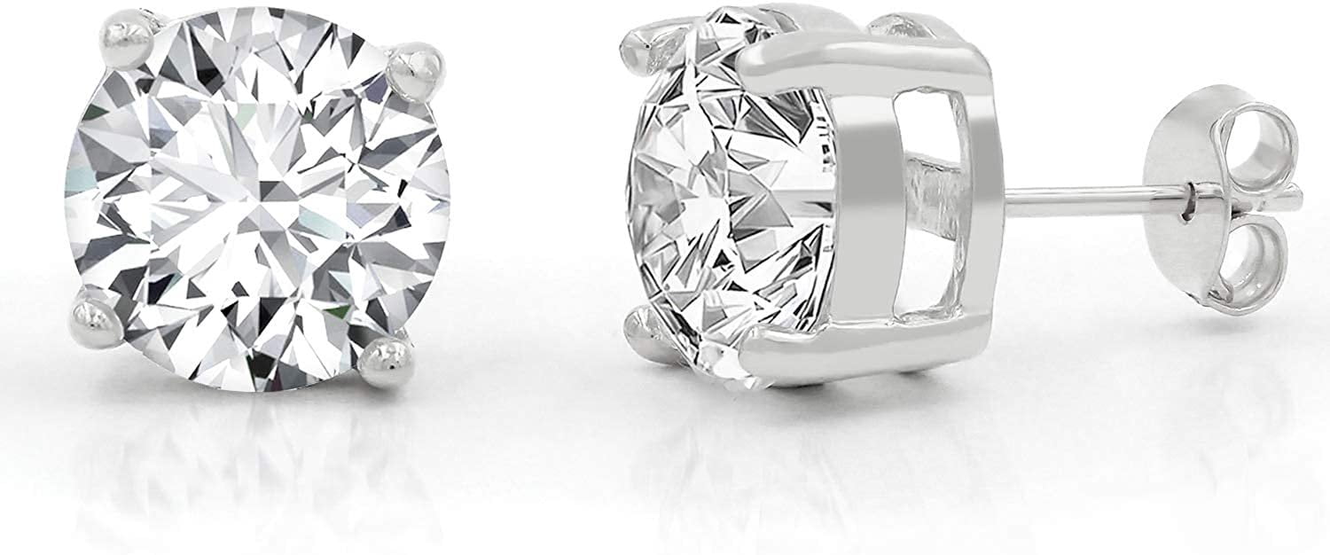 925 Sterling Silver 3mm - 10mm Round Cut Rhodium Plated Unisex Classic Clear Cubic Zirconia CZ Stud Earrings, Giorgio Bergamo 10mm