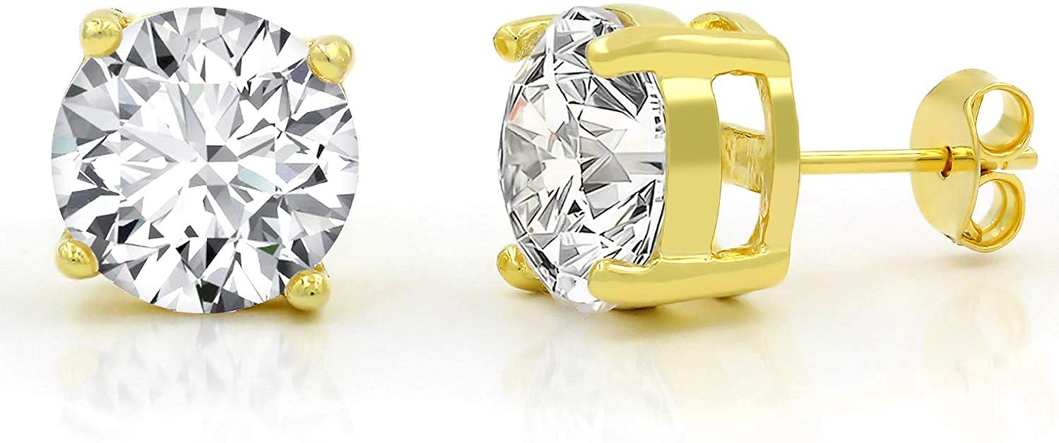 925 Sterling Silver 3mm - 10mm Round Cut Yellow Gold Plated Unisex Classic Clear Cubic Zirconia CZ Stud Earrings, Giorgio Bergamo 10mm