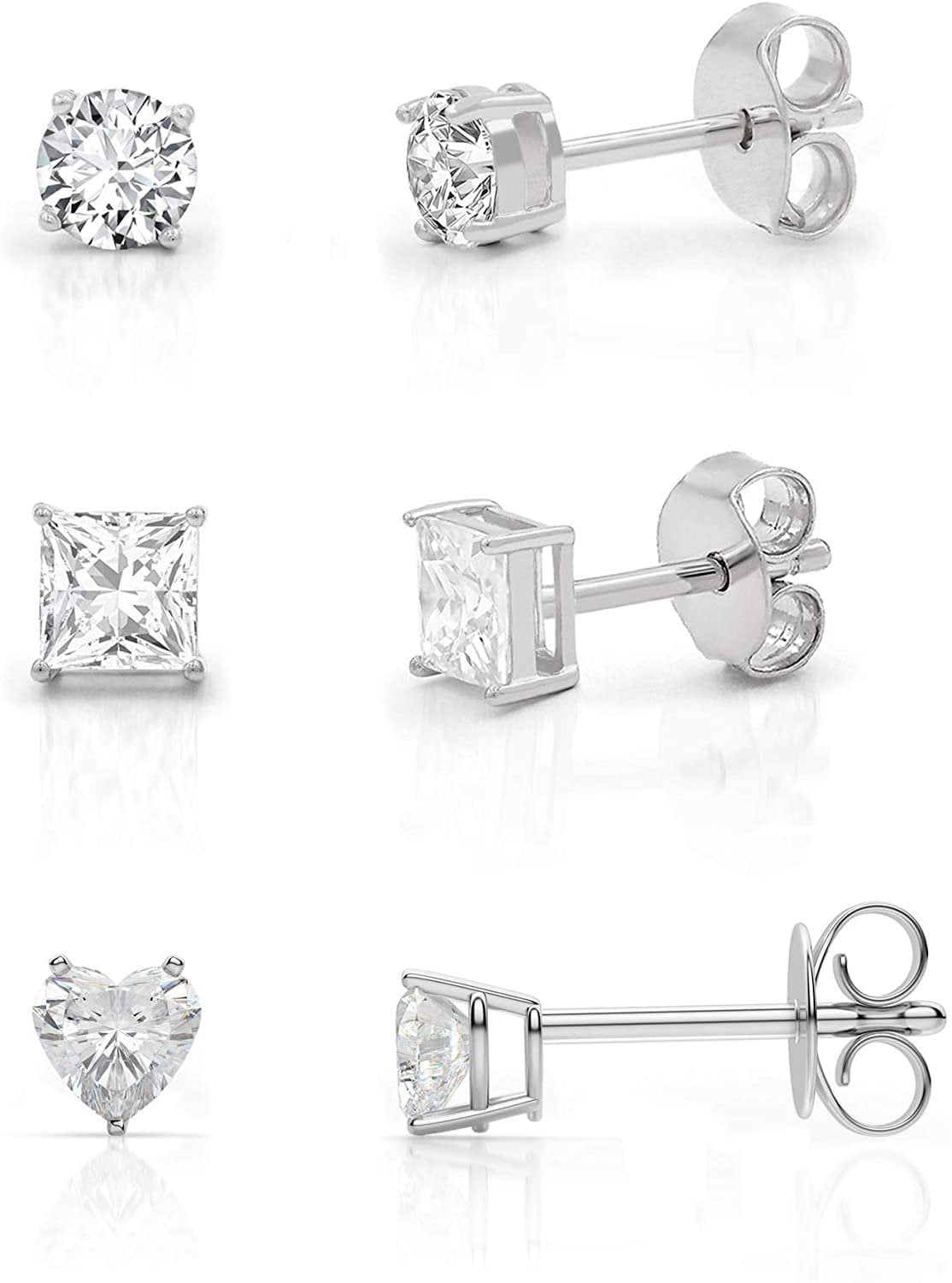 925 Sterling Silver 3mm - 10mm Round Square Heart 3-Pair Set, Ladies Clear Cubic Zirconia CZ Stud Earrings, Giorgio Bergamo 5mm