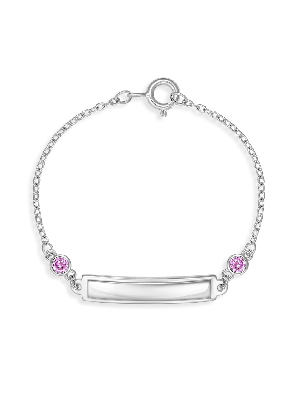 925 Sterling Silver 4.5" Baby Girl Tag ID Bracelet Pink Cubic Zirconias & Name