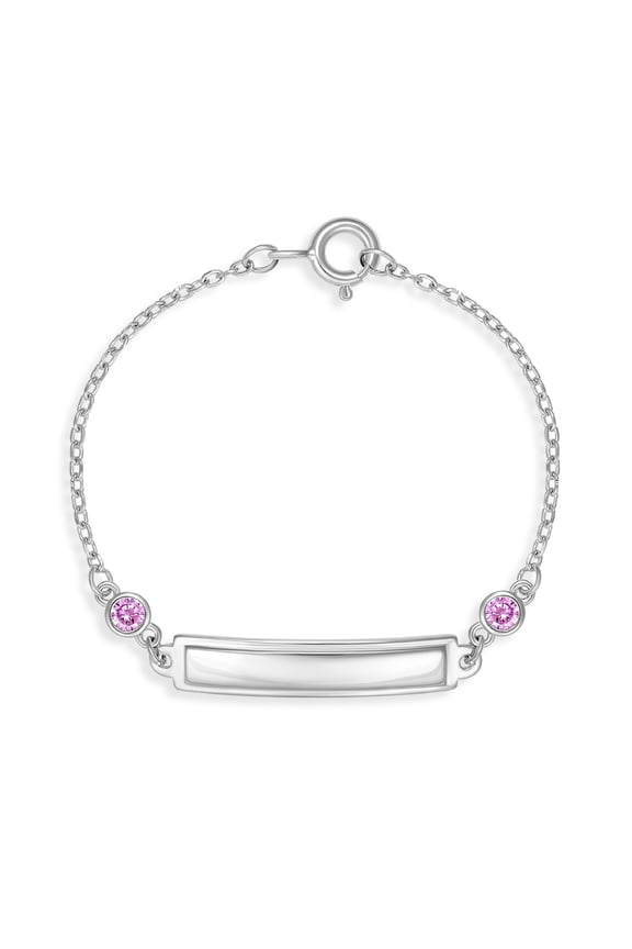 925 Sterling Silver 4.5" Baby Girl Tag ID Bracelet Pink Cubic Zirconias & Name