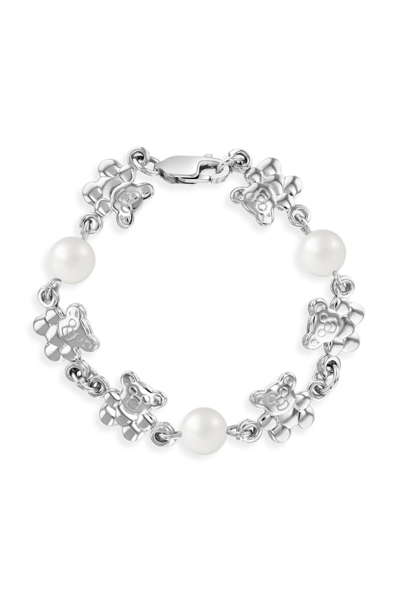 925 Sterling Silver 4.5" Teddy Bear & Simulated Pearl Bracelet for Baby Girls