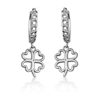 .925 Sterling Silver 4 Leaf Clover Lucky Cuban Link Huggie Earrings