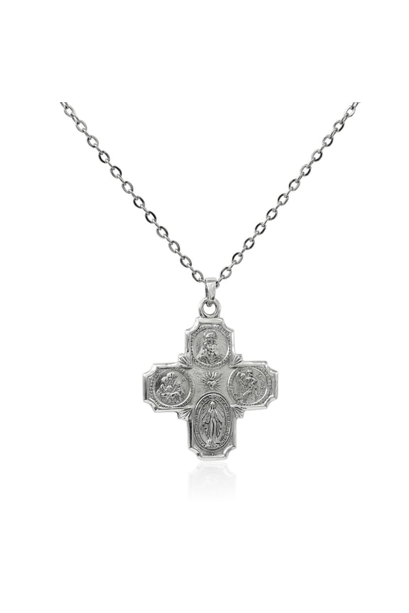 925 Sterling Silver 4 Way Medal Cross, 5 Way Metal Cross, Holy Family Cross, or I am a Catholic Please Call A Priest Cross Pendant With 22" Hypoallergenic Cable Chain