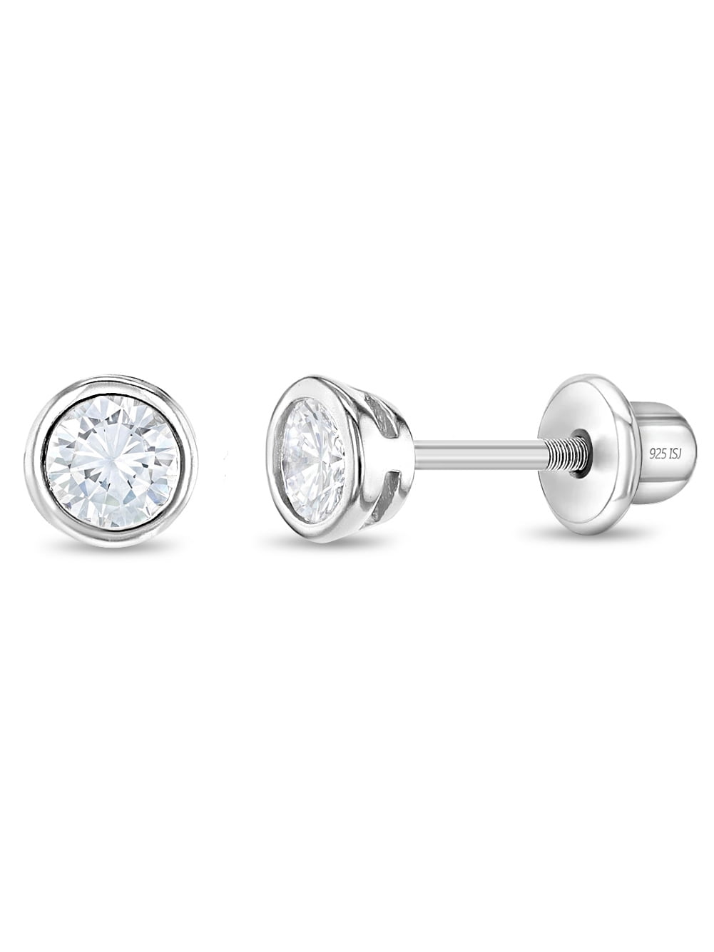 925 Sterling Silver 4mm Bezel Set Clear CZ Toddler Earrings with Screw