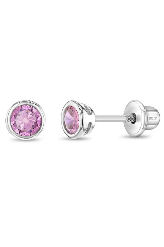 925 Sterling Silver 4mm Bezel Set Pink CZ Toddler Earrings with Screw Back Baby