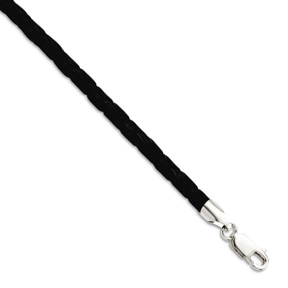 925 Sterling Silver 4mm Black Leather Braided Necklace 20 Inch Pendant Necklace for Women