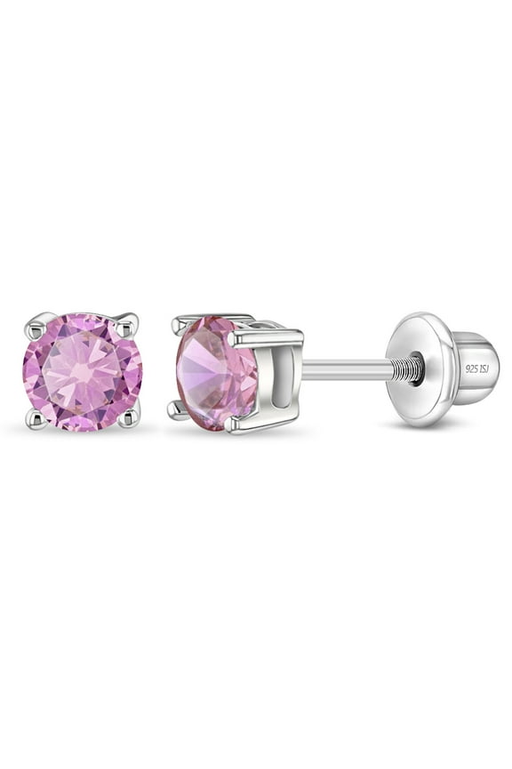 Classic Solitaire Simulated Pink Tourmaline Earring Screw Back - Sterling Silver