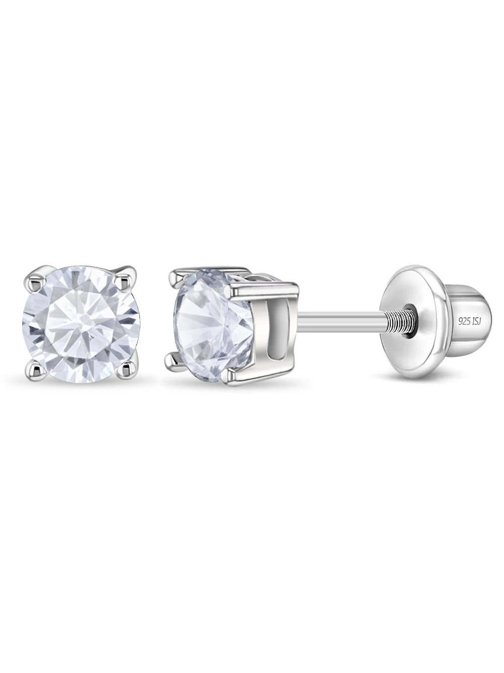 Classic Solitaire Simulated Diamond Kids Earrings Screw Back - Sterling Silver