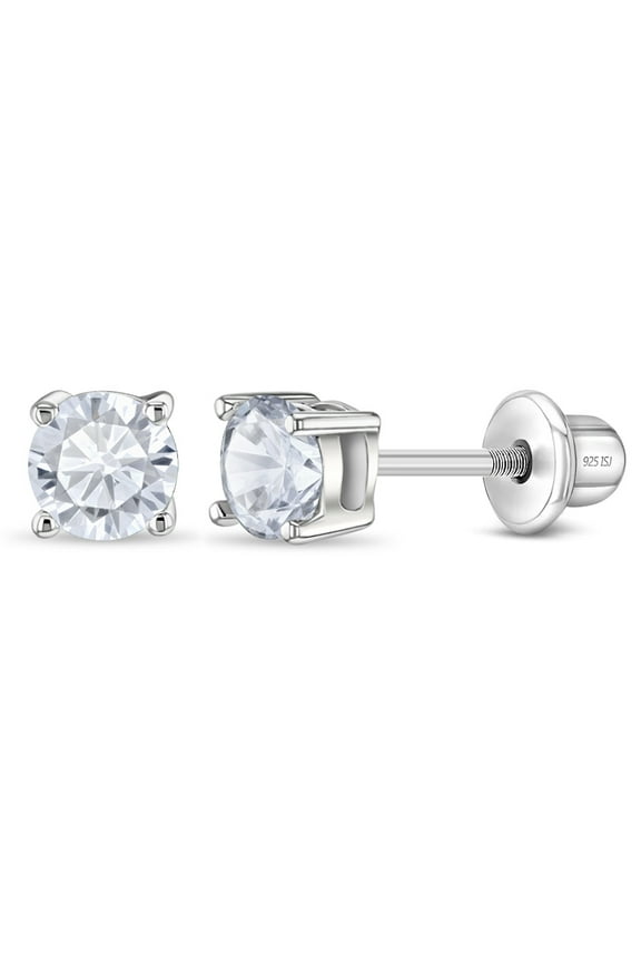 Classic Solitaire Simulated Diamond Kids Earrings Screw Back - Sterling Silver