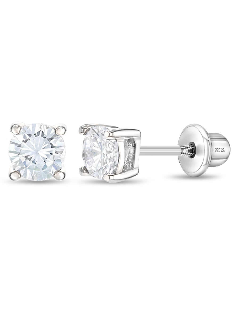 925 Sterling Silver 4mm CZ Stud Screw Back Solitaire Earrings Young Girls Teens
