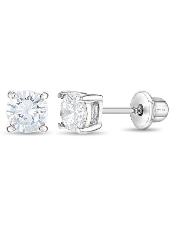925 Sterling Silver 4mm CZ Stud Screw Back Solitaire Earrings Young Girls Teens